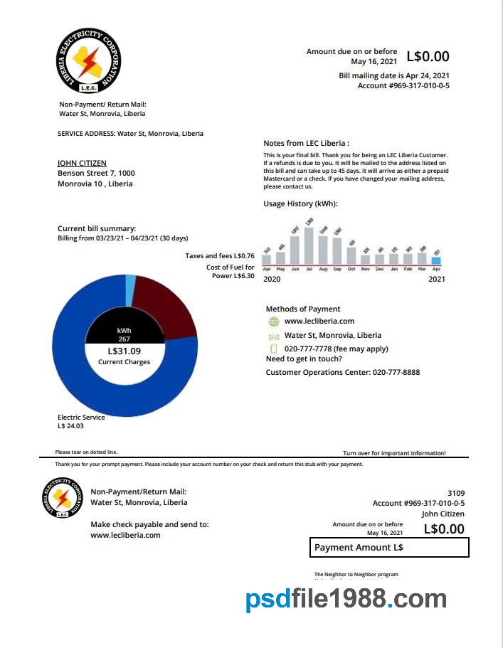 Liberia Electricity Corporation Utility Bill
